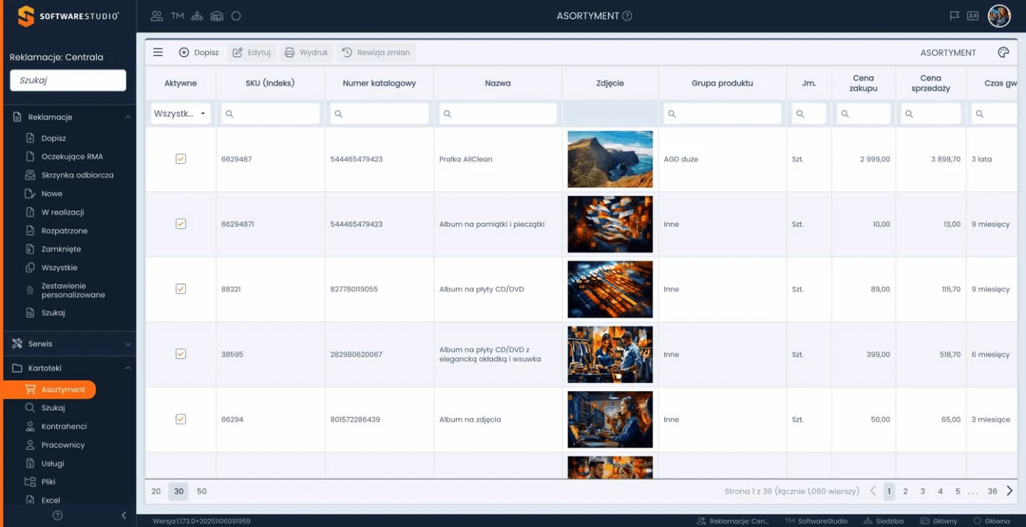 Kartoteka asortymentu w Studio RMA.net z indeksem SKU, numerem katalogowym, zdjęciem produktu, ceną i czasem gwarancji