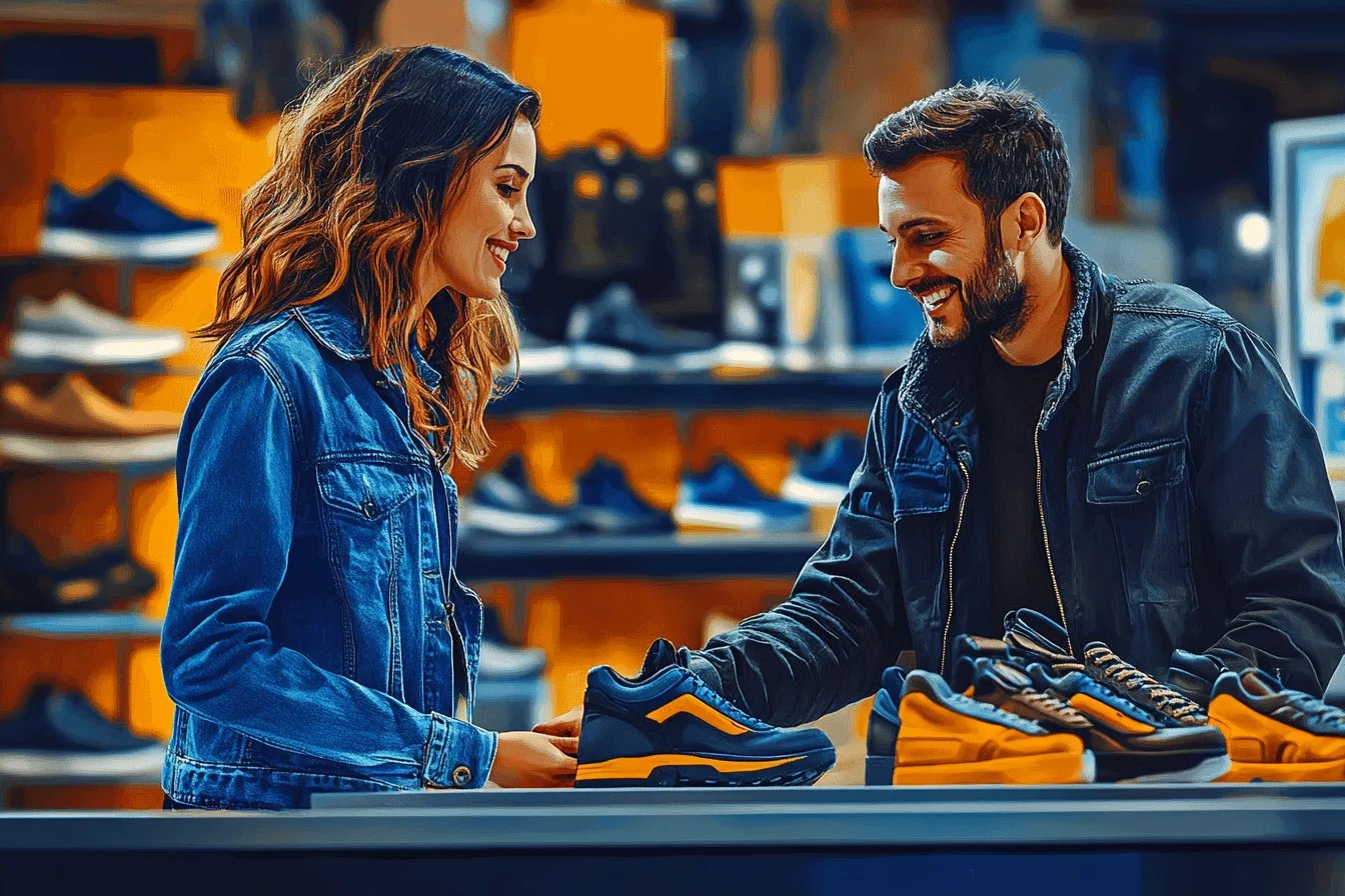 Intuicyjna platforma Studio RMA.net – budowanie lojalności klienta poprzez sprawną obsługę zgłoszeń. Uśmiechnięta kobieta i mężczyzna oglądający obuwie w nowoczesnym sklepie, co symbolizuje profesjonalną i sprawną obsługę klienta w procesie reklamacyjnym.